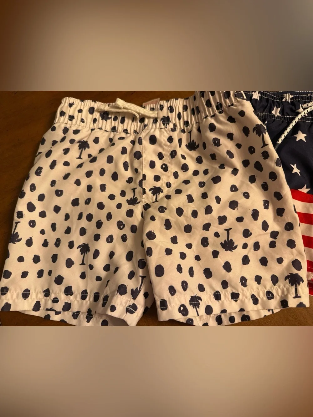 Cat & Jack Navy and White Polka Palm Swim Trunks and American flag bathing suit